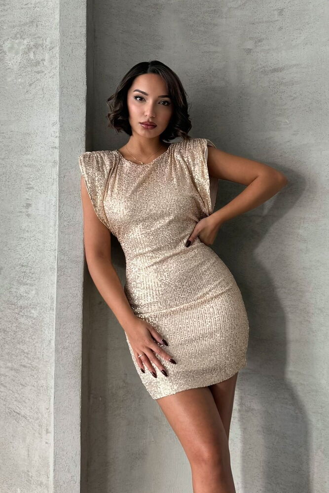 Champagnefärgad paljett miniklänning med vadderade axlar