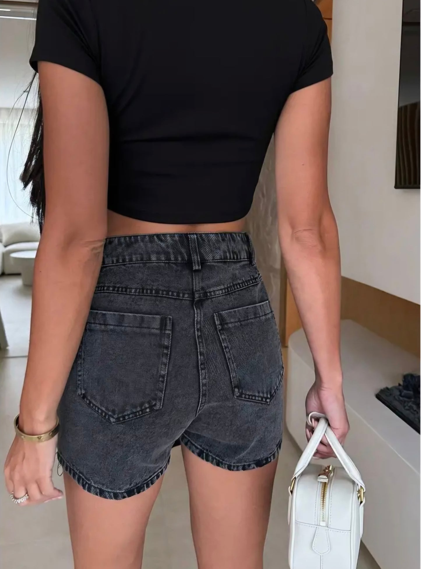 Stretchiga denim kjolshorts – svart